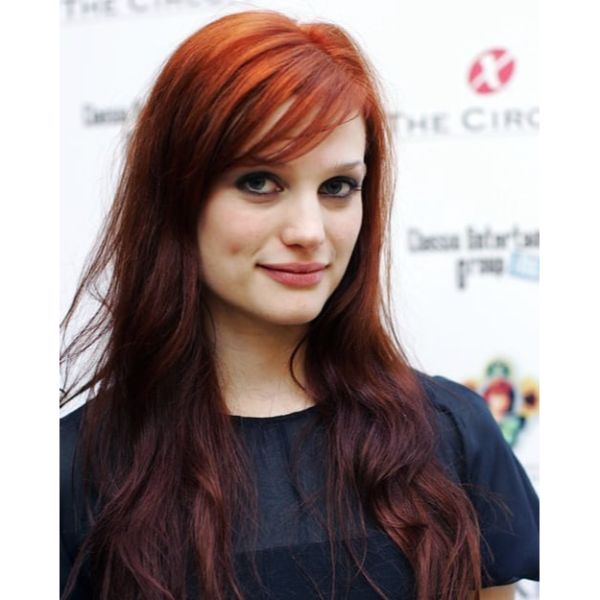 Auburn Long Layered Hairstyle with Side-part and Bangs