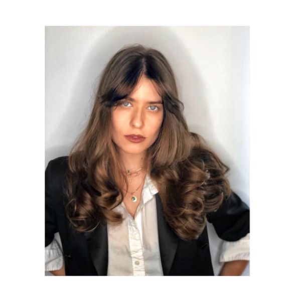 Bouncy Long Layered Hairstyle with Middle Part and Bangs