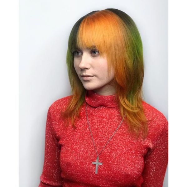 Shaggy Long Whispy Layered Hairstyle with Two Colored Bangs