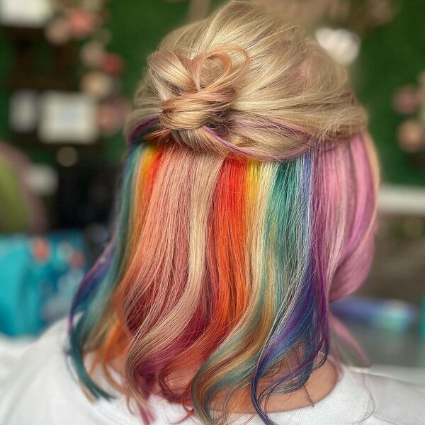 Shoulder Length Hidden Rainbow Hair - A woman wearing a white shirt